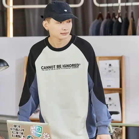 唐狮圆领卫衣男士春秋季新款插肩袖撞色拼接明线潮牌上衣外套商品大图