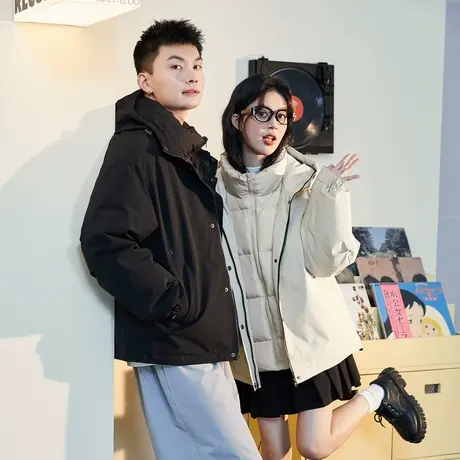 唐狮冬季情侣羽绒服男女连帽短款假两件工装冲锋少年外套上衣TD商品大图