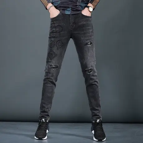 清仓 秋冬黑色破洞牛仔裤男潮牌修身小脚潮流厚款补丁男士裤子图片