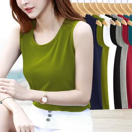 芥绿色夏季打底背心直筒款修身上衣宽肩带坎肩无袖小清新女士内搭商品大图