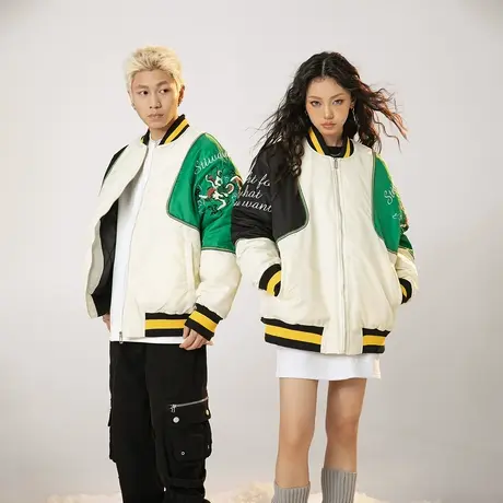 潮牌拼接棒球服棉服女冬季夹棉外套2023年新款复古情侣装宽松棉衣图片