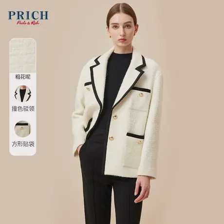 【绵羊毛混纺】PRICH23冬新款小香风撞色平驳领微落肩西装外套女商品大图