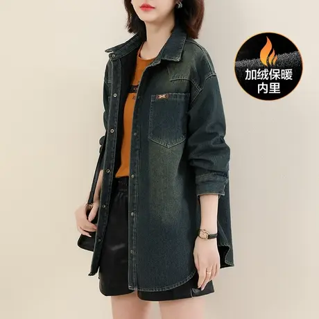 新品8.5折】复古中长款加绒牛仔外套女休闲宽松夹克上衣图片