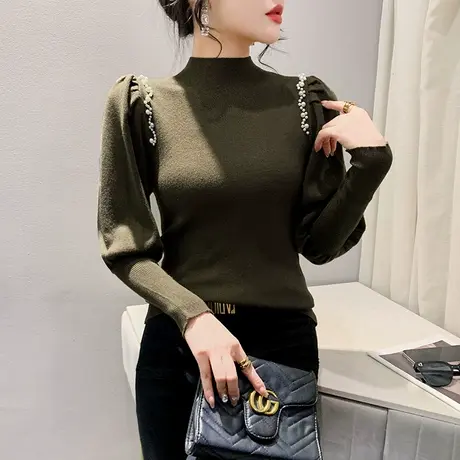 秋冬加厚针织衫女长袖性感泡泡袖烫钻拼接上衣洋气修身减龄打底衫商品大图