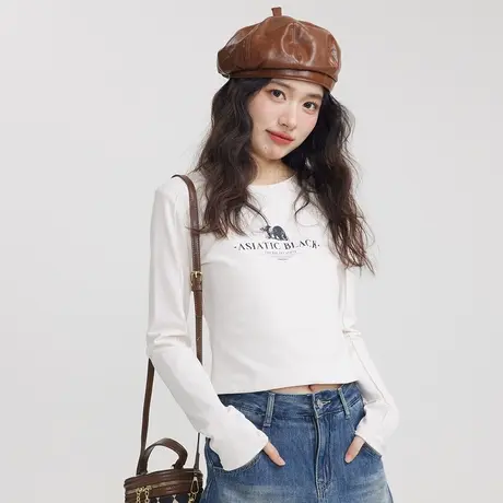 尔给小个子短款长袖上衣女2023新款春秋显瘦小众圆领打底衫可外穿商品大图