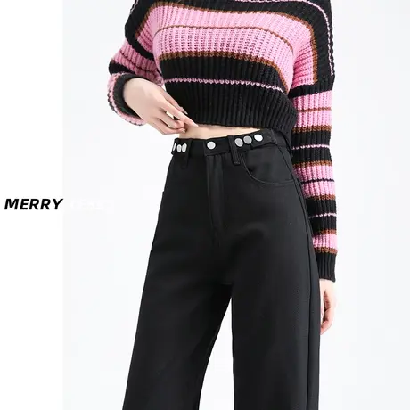 黑色加绒阔腿牛仔裤女宽松2023年新款高腰冬季加厚保暖窄版直筒裤商品大图