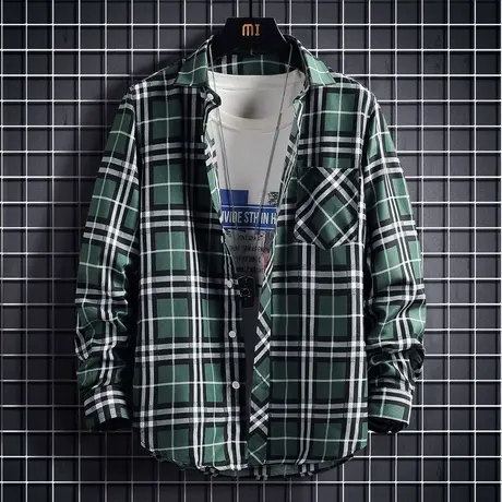 2022秋季男士格子衬衫韩版潮流宽松冰丝青少年寸衣免烫休闲上衣服商品大图