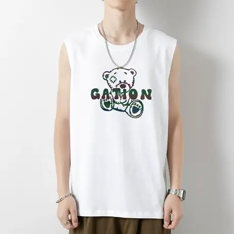 2024新款夏季男士背心纯棉白色无袖t恤小熊运动坎肩篮球健身跨栏图片