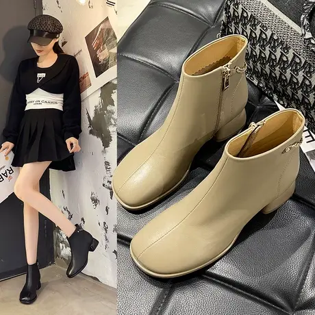 皮靴矮女2023新款大码宽口适合脚胖宽的女靴女士冬季英伦风小皮靴商品大图
