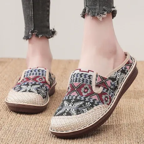 室内家居鞋女中国风妈妈外穿拖鞋老人女鞋包跟春天舒适包头布拖鞋商品大图