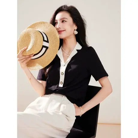 时尚气质短袖T恤2023年夏季新款淑女温柔翻领显瘦百搭通勤上衣商品大图