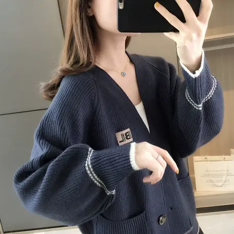 秋装新款女士针织开衫宽松爆款洋气百搭毛衣外套春秋短款外搭图片