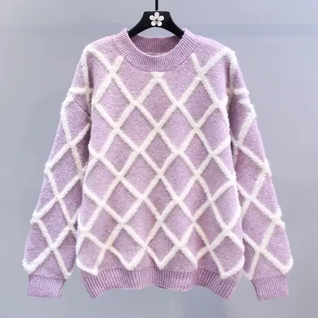 菱形格套头毛衣女秋冬2023新款宽松慵懒风加厚洋气打底针织衫上衣图片