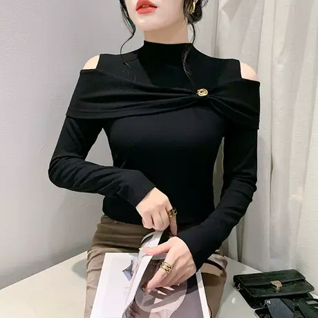 不规则加厚立领T恤女长袖性感镂空褶皱上衣洋气修身打底衫秋冬图片