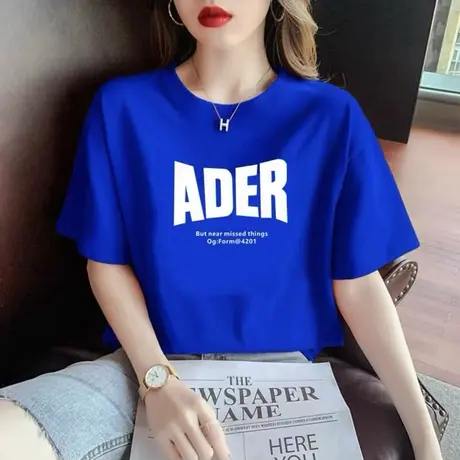 克莱因蓝短袖t恤女2024年夏季新款高级感纯棉正肩短款高腰上衣潮商品大图