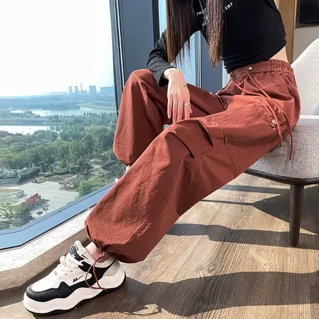 铁锈红色工装运动裤女春秋季高腰束脚阔腿降落伞裤休闲显瘦灯笼裤商品大图