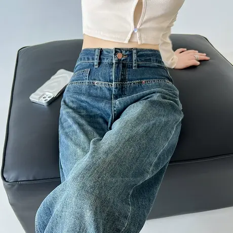 蓝色高腰阔腿牛仔裤女2023年春秋新款直筒宽松显瘦小个拖地长裤子商品大图