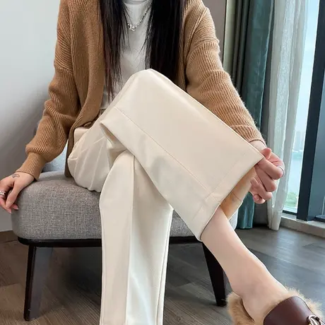 毛呢直筒裤女秋冬季2023年新款宽松高腰显瘦显高阔腿休闲烟管裤子图片