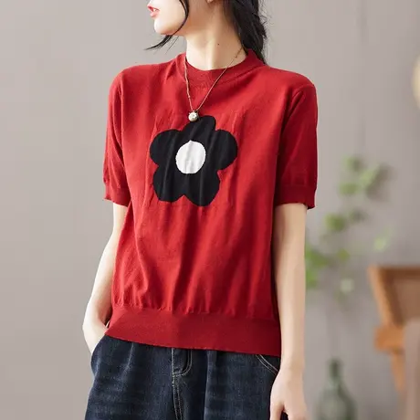 dza复古红色短袖打底衫女士薄款t恤夏季新款漂亮百搭宽松显瘦上衣商品大图