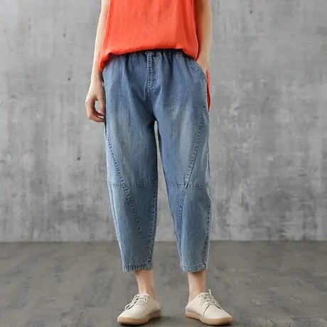 dza薄款松紧腰天丝牛仔裤子女宽松直筒裤2022夏季新款显瘦九分裤图片