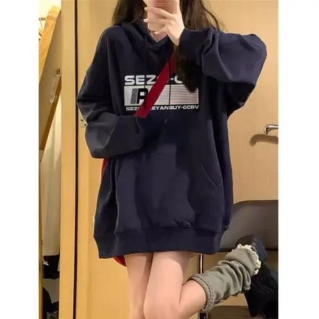 美式复古hiphop潮牌卫衣女2023春秋薄款宽松oversize上衣连帽外套商品大图