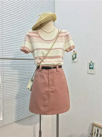 夏装新款U领条纹短袖针织衫 2023新款弹力修身短款显瘦百搭上衣潮商品大图