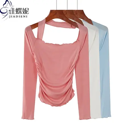 秋季新款韩版圆领两穿修身褶皱短款纯色荷叶边长袖体恤上衣内搭女商品大图