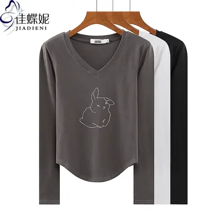 秋冬新款V领修身显瘦纯欲圆弧纯棉纯色烫钻长袖体恤上衣女打底衫图片