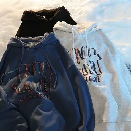 2021冬新款加绒加厚灰色连帽卫衣外套女vintage宽松套头chic超火商品大图