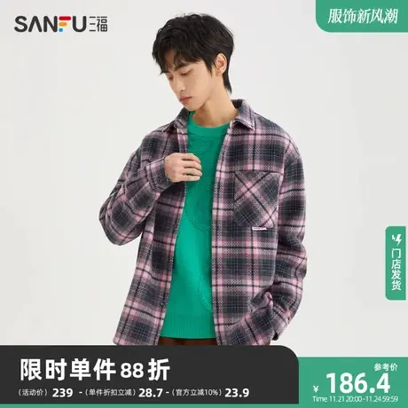 三福2023冬男士美拉德条纹格子长衬衫 学院宽松纯棉上衣478817商品大图