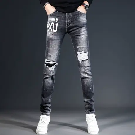 秋冬牛仔裤男2023新款黑灰色潮流印花修身小脚破洞补丁弹力裤子男商品大图