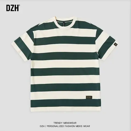 男士圆领重磅条纹短袖t恤男夏季宽松百搭半袖上衣2024新款潮夏装商品大图