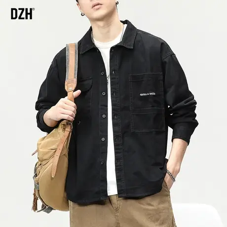 男士黑色工装衬衫外套男长袖衬衣男款春秋季2023新款纯棉韩版寸衫商品大图