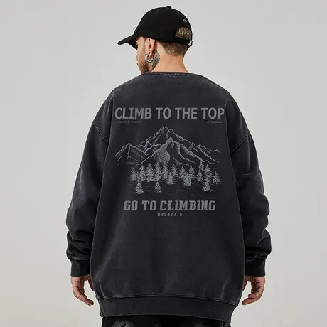 大码无帽美式重磅复古潮牌胖子男装宽松做旧圆领卫衣男秋冬季加绒图片