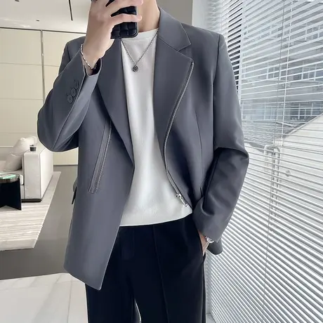 韩国设计师风衣男网红拉链小西装休闲痞帅宽松西服时尚垂感单西潮商品大图