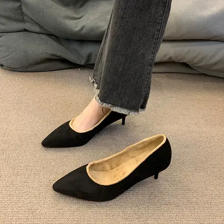 法式尖头加绒高跟鞋女冬2023新款浅口一脚蹬通勤黑色细跟气质棉鞋图片