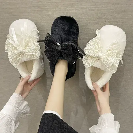 棉拖鞋女秋冬季室内家用厚底防滑保暖可爱蝴蝶结珍珠毛绒包跟棉鞋商品大图