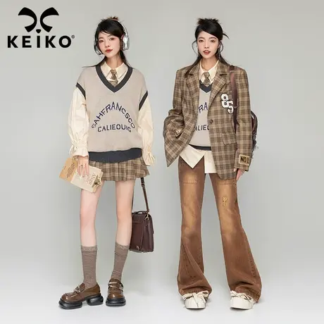 KEIKO 英伦风v领针织衫马甲秋季学院风叠穿外穿毛衣背心外搭上衣商品大图