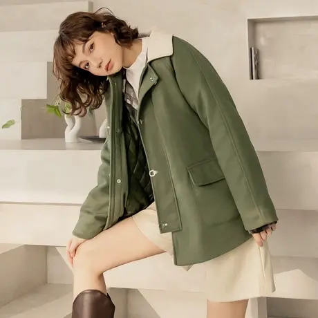 桔熊秋冬季温暖复古机车服夹棉宽松撞色翻领棉服外套女大码EA3429图片