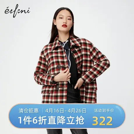 伊芙丽毛呢外套秋冬新品复古格纹口袋小个子呢大衣女1BA270501商品大图