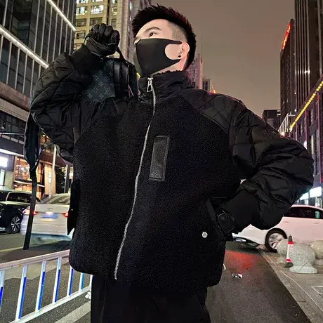 摇粒绒棉衣男冬季2023新款菱格撞色拼接设计感立领加厚羊羔毛外套图片