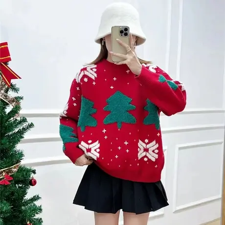 今年流行超好看红色毛衣2023年新款慵懒风圣诞树提花过年针织衫女商品大图