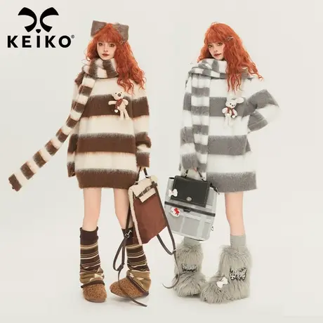 KEIKO [赠围巾]长绒马海毛条纹毛衣女2024冬季加厚中长款针织毛衫图片