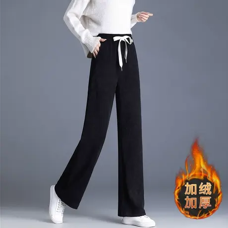 妈妈秋冬季加绒直筒裤子女宽松加大码松紧腰垂感休闲显瘦加厚长裤商品大图