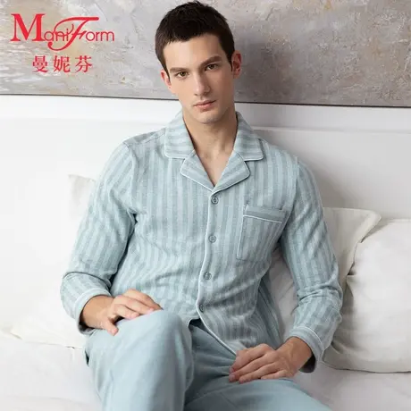 曼妮芬男款休闲简约棉质家居服磨毛色织长袖长裤套装睡衣20320568图片