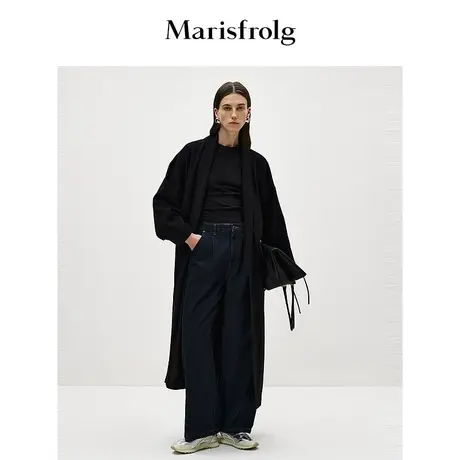 【商场同款】玛丝菲尔2024春季新款黑色长款羊毛毛呢大衣外套女商品大图