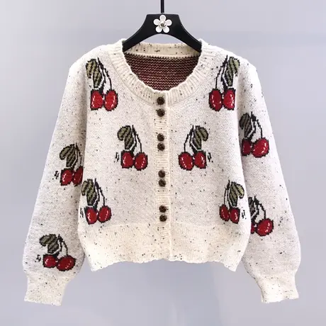 小香风复古樱桃毛衣外套女冬季2023新款宽松高级感短款针织开衫商品大图