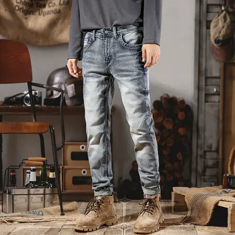 春秋款高端复古牛仔裤男修身显瘦小脚裤潮牌破洞美式怀旧长裤子男商品大图