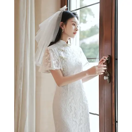 白色旗袍小晚礼服连衣裙夏季轻奢小众高端订婚领证登记中式飞飞袖商品大图