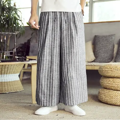 秋季亚麻裤男中国风条纹休闲阔腿裤宽松棉麻大码汉服复古直筒长裤商品大图